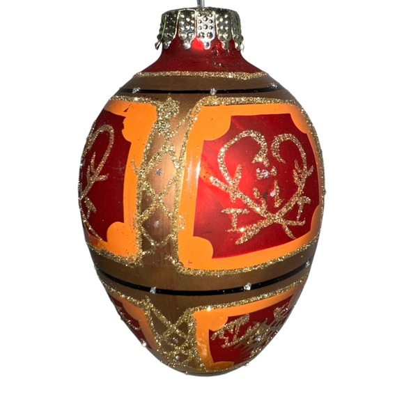 Vtg Glass Hand Painted Egg Shaped Christmas Ornament Red Gold Glitter‎ Abstract - Picture 3 of 7